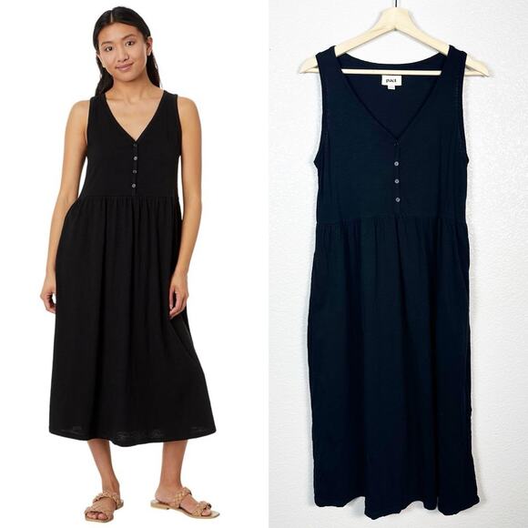 PACT Women’s Organic Cotton Relaxed Slub Henley Tank Midi Dress Black Size Small - Picture 1 of 11